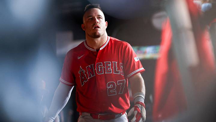 Sep 23, 2026; West Sacramento, California, USA;  Los Angeles Angels designated hitter Mike Trout (27) looks on from the dugout during the third inning against the Athletics at Sutter Health Park.  Mandatory Credit: Sergio Estrada-Imagn Images
