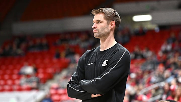 Feb 8, 2025; Pullman, Washington, USA; Washington State Cougars head coach David Riley looks on during a game against the Pepperdine Waves in the second half at Friel Court at Beasley Coliseum. Mandatory Credit: James Snook-Imagn Images