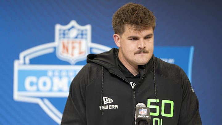 Mar 1, 2025; Indianapolis, IN, USA; North Dakota State University offensive lineman Grey Zabel (OL50) answers questions at a press conference during the 2025 NFL Combine at Indiana Convention Center. Mandatory Credit: Jacob Musselman-Imagn Images Mar 1, 2025; Indianapolis, IN, USA; North Dakota State University offensive lineman Grey Zabel (OL50) answers questions at a press conference during the 2025 NFL Combine at Indiana Convention Center. Mandatory Credit: Jacob Musselman-Imagn Images