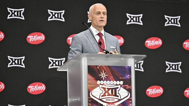 Jul 9, 2024; Las Vegas, NV, USA; Big 12 Conference commissioner Brett Yormark speaks to the media during the Big 12 Media Days at Allegiant Stadium. Mandatory Credit: Candice Ward-USA TODAY Sports