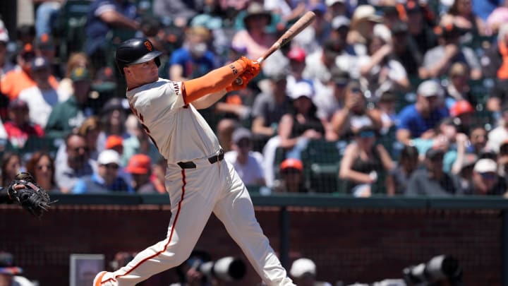 Jun 2, 2024; San Francisco, California, USA; San Francisco Giants third baseman Matt Chapman (26) hits a double against the New York Yankees during the third inning at Oracle Park. 