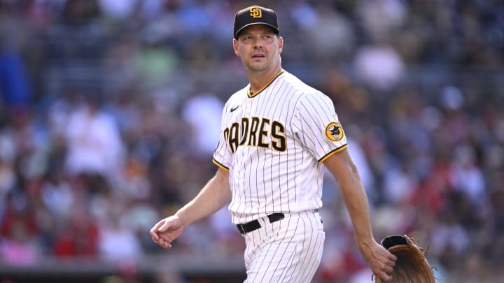Sep 4, 2023; San Diego, California, USA; San Diego Padres starting pitcher Rich Hill (41) walks to the dugout after a pitching change during the second inning against the Philadelphia Phillies at Petco Park