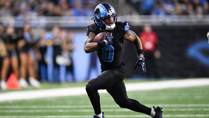 Nov 23, 2025; Detroit, Michigan, USA; Detroit Lions running back Jahmyr Gibbs (0) runs with the ball for a touchdown during the fourth quarter against the New York Giants at Ford Field. Mandatory Credit: Lon Horwedel-Imagn Images