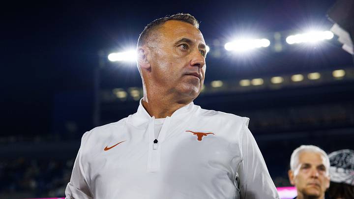 Texas Longhorns head coach Steve Sarkisian is interviewed by the media after the game against the Kentucky Wildcats at Kroger Field. 