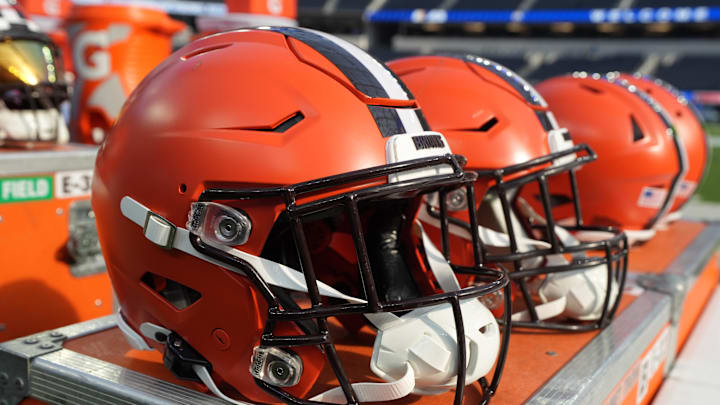 Dec 3, 2023; Inglewood, California, USA; Riddell speedflex Cleveland Browns helmets on the sidelines at SoFi Stadium. Mandatory Credit: Kirby Lee-Imagn Images