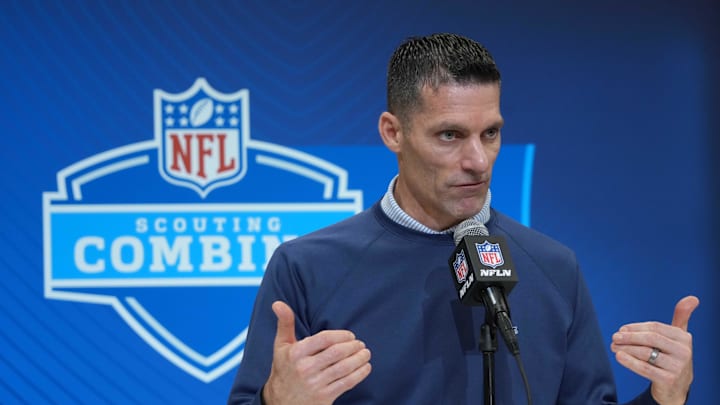 Feb 27, 2025; Indianapolis, IN, USA; Houston Texans general manager Nick Caserio speaks during the 2025 NFL Scouting Combine at the Indiana Convention Center. Mandatory Credit: Kirby Lee-Imagn Images