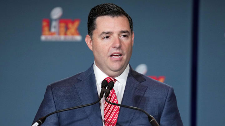 Feb 10, 2025; New Orleans, LA, USA; San Francisco 49ers chief executive officer Jed York at the Super Bowl LIX host committee handoff press conference. Mandatory Credit: Kirby Lee-Imagn Images