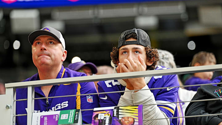 Oct 19, 2025; Minneapolis, Minnesota, USA; Fans look on during the first half of the game between Minnesota Vikings and Philadelphia Eagles at U.S. Bank Stadium. Mandatory Credit: Jeffrey Becker-Imagn Images