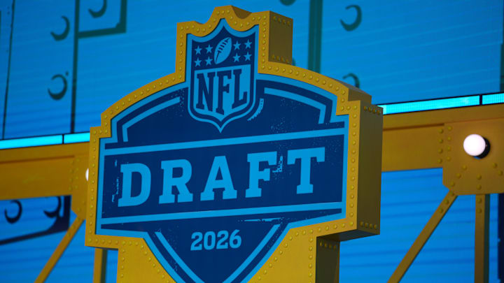 Apr 23, 2026; Pittsburgh, PA, USA;  The 2026 NFL Draft logo on the theater stage at Acrisure Stadium.  