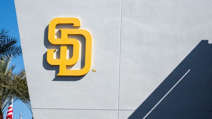 Feb 18, 2024; Peoria, AZ, USA; A general view of the San Diego Padres logo and clubhouse during a workout day at Peoria Sports Complex. Mandatory Credit: Allan Henry-Imagn Images