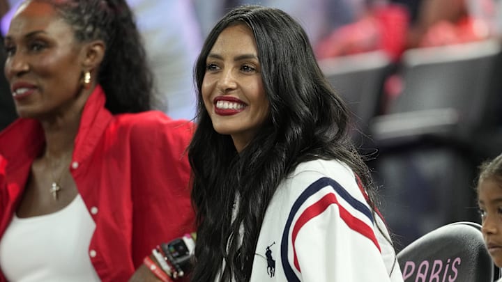 Vanessa Bryant looks on before the women's gold medal game between France and the United States during the Paris 2024 Olympic Summer Games at Accor Arena.