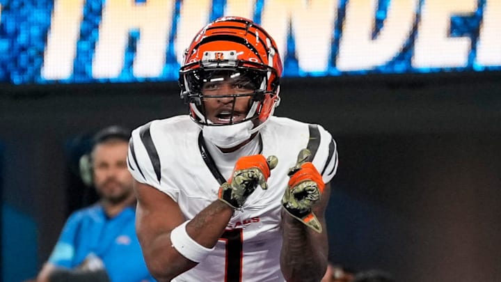 Cincinnati Bengals wide receiver Ja'Marr Chase (1) celebrates a game-tying touchdown in the fourth quarter of the NFL Week 11 game between the Los Angeles Chargers and the Cincinnati Bengals at SoFi Stadium in Inglewood, Calif., on Sunday, Nov. 17, 2024. The Chargers won 34-27.