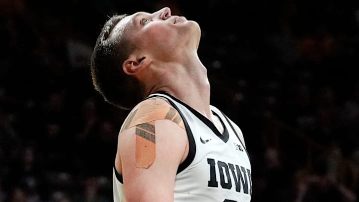 Iowa forward Payton Sandfort (20) reacts as the clock winds down in Iowa’s 91-84 loss to the Michigan State Spartans Thursday, March 6, 2025 at Carver-Hawkeye Arena in Iowa City.