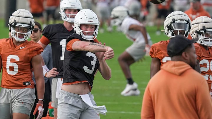 Texas Longhorns quarterback Quinn Ewers during spring practice at the Frank Denius practice fields in Austin, Tuesday, March 19, 2024.
