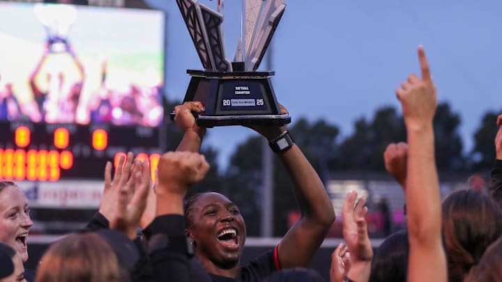 NiJaree Canady and the Texas Tech softball team celebrate their Big 12 Conference championship, Saturday, April 26, 2025, at Rocky Johnson Field.