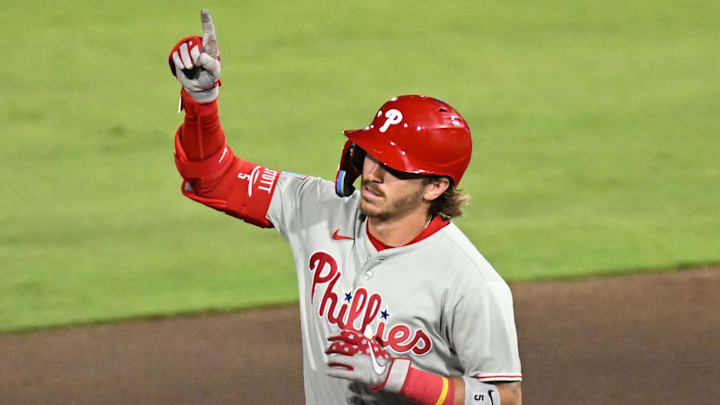 May 8, 2025; St. Petersburg, Florida, USA; Philadelphia Phillies second baseman Bryson Stott (5) reacts after hitting a three run home run in the eighth inning against the Tampa Bay Rays at George M. Steinbrenner Field May 8, 2025; St. Petersburg, Florida, USA; Philadelphia Phillies second baseman Bryson Stott (5) reacts after hitting a three run home run in the eighth inning against the Tampa Bay Rays at George M. Steinbrenner Field
