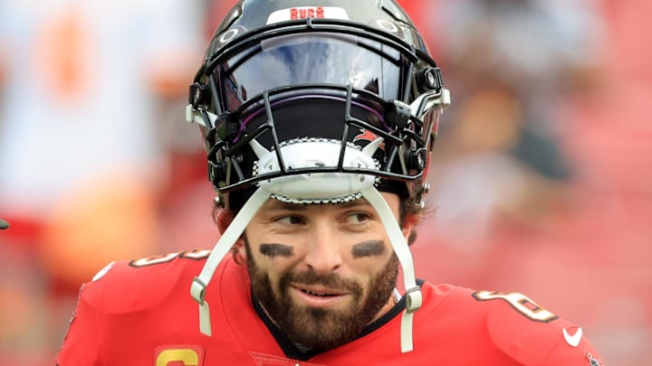 Dec 7, 2025; Tampa, Florida, USA; Tampa Bay Buccaneers quarterback Baker Mayfield (6) prior to the game against the New Orleans Saints at Raymond James Stadium. Mandatory Credit: Kim Klement Neitzel-Imagn Images