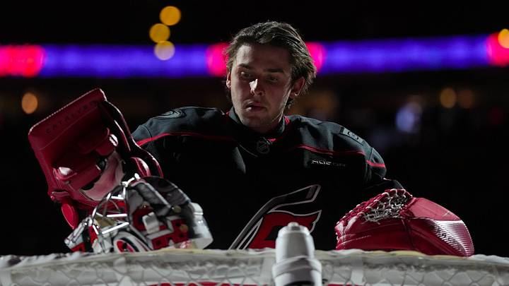 Oct 29, 2026; Raleigh, North Carolina, USA; Carolina Hurricanes goaltender Pyotr Kochetkov (52) gets ready before the game against the Columbus Blue Jackets at Lenovo Center.  Mandatory Credit: James Guillory-Imagn Images