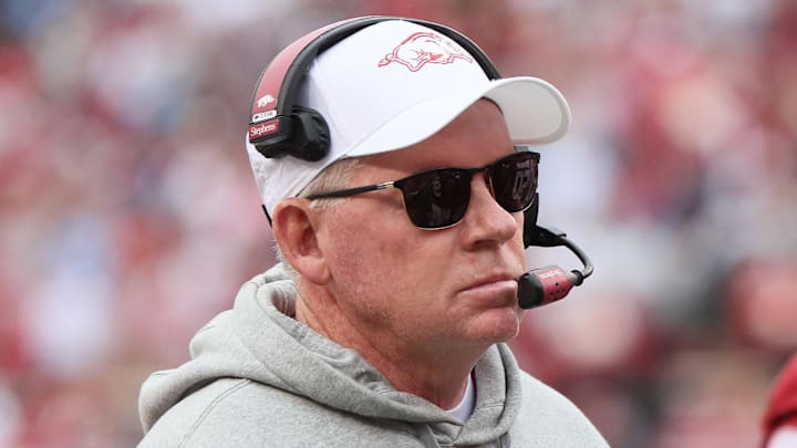 Nov 2, 2024; Fayetteville, Arkansas, USA; Arkansas Razorbacks offensive coordinator Bobby Petrino during the first quarter against the Ole Miss Rebels at Donald W. Reynolds Razorback Stadium. Mandatory Credit: Nelson Chenault-Imagn Images