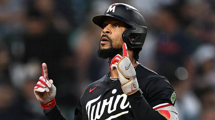 Jun 10, 2026; Detroit, Michigan, USA;  Minnesota Twins center fielder Byron Buxton (25) celebrates at home plate after hitting a three-run home run against the  Detroit Tigers in the fifth inning at Comerica Park. 