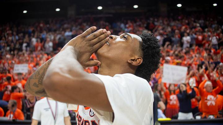 Auburn Tigers guard Tahaad Pettiford (0) celebrates victory as Auburn Tigers take on Kentucky Wildcats at Neville Arena in Auburn, Ala. on Saturday, Feb. 21, 2026. Auburn Tigers defeated Kentucky Wildcats 75-74.