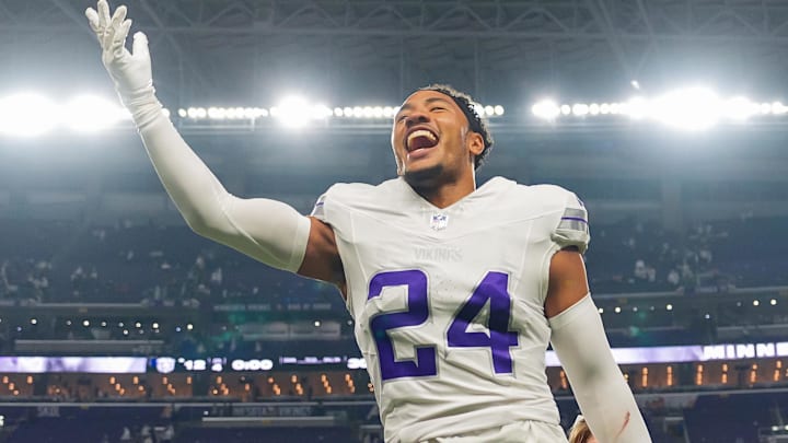 Dec 16, 2024; Minneapolis, Minnesota, USA; Minnesota Vikings safety Camryn Bynum (24) celebrates after the game against the Chicago Bears at U.S. Bank Stadium. Mandatory Credit: Brad Rempel-Imagn Images Dec 16, 2024; Minneapolis, Minnesota, USA; Minnesota Vikings safety Camryn Bynum (24) celebrates after the game against the Chicago Bears at U.S. Bank Stadium. Mandatory Credit: Brad Rempel-Imagn Images