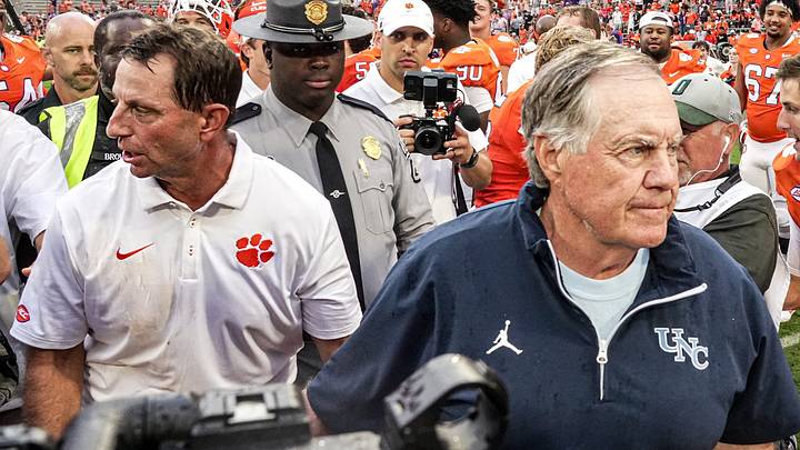 Clemson head coach Dabo Swinney and University of North Carolina Head Coach Bill Belichick briefly shake hands after the game in Memorial Stadium in Clemson, S.C. Saturday, September 19, 2026. Clemson won 28-20.