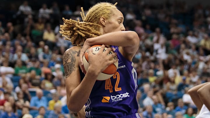 Jun 27, 2015; Minneapolis, MN, USA; Phoenix Mercury center Brittney Griner (42) rebounds in the fourth quarter against the Minnesota Lynx at Target Center. The Minnesota Lynx beat the Phoenix Mercury 71-56. Mandatory Credit: Brad Rempel-Imagn Images Jun 27, 2015; Minneapolis, MN, USA; Phoenix Mercury center Brittney Griner (42) rebounds in the fourth quarter against the Minnesota Lynx at Target Center. The Minnesota Lynx beat the Phoenix Mercury 71-56. Mandatory Credit: Brad Rempel-Imagn Images