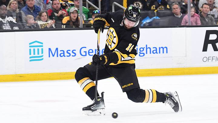 Mar 28, 2026; Boston, Massachusetts, USA; Boston Bruins center Pavel Zacha (18) shoots and scores a goal during the first period against the Minnesota Wild at TD Garden. Mandatory Credit: Bob DeChiara-Imagn Images