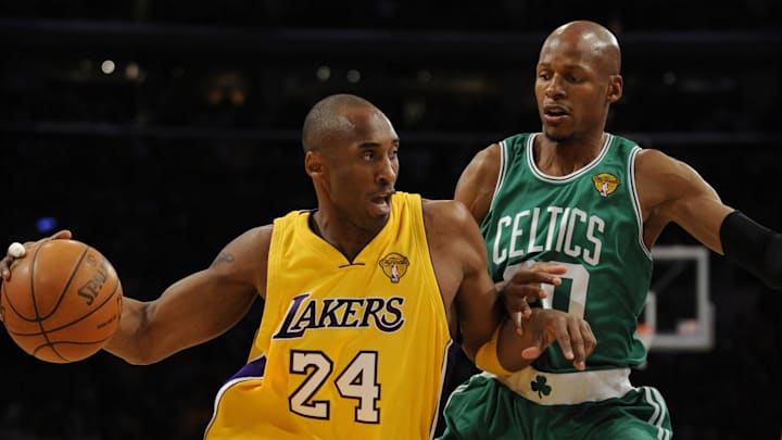 June 17, 2010; Los Angeles, CA, USA;  Los Angeles Lakers guard Kobe Bryant (24) drives past Boston Celtics defender Ray Allen (20) in game seven of the NBA Finals at the Staples Center in Los Angeles, CA. Mandatory Credit: Robert Hanashiro-Imagn Images