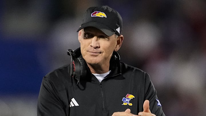 Nov 18, 2023; Lawrence, Kansas, USA; Kansas Jayhawks head coach Lance Leipold reacts