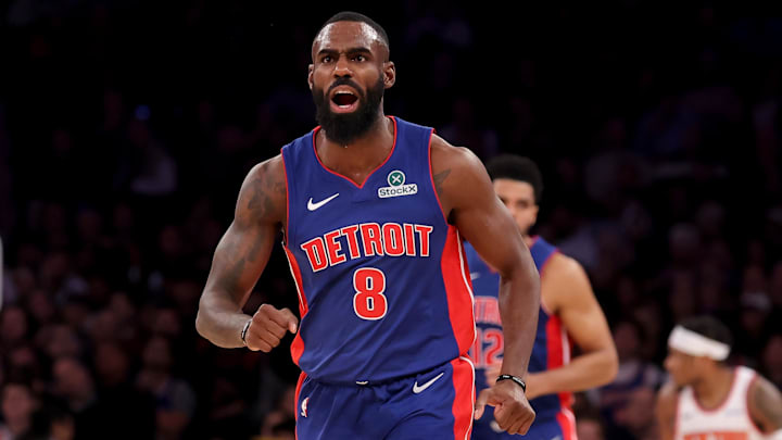Jan 13, 2025; New York, New York, USA; Detroit Pistons forward Tim Hardaway Jr. (8) celebrates his three point shot against the New York Knicks during the second quarter at Madison Square Garden. Mandatory Credit: Brad Penner-Imagn Images Jan 13, 2025; New York, New York, USA; Detroit Pistons forward Tim Hardaway Jr. (8) celebrates his three point shot against the New York Knicks during the second quarter at Madison Square Garden. Mandatory Credit: Brad Penner-Imagn Images