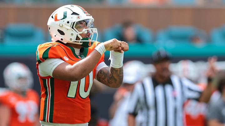 Oct 24, 2026; Miami Gardens, Florida, USA; Miami Hurricanes quarterback Darian Mensah (10) reacts toward the offensive line during the second quarter against the Pittsburgh Panthers at Hard Rock Stadium. Mandatory Credit: Sam Navarro-Imagn Images Oct 24, 2026; Miami Gardens, Florida, USA; Miami Hurricanes quarterback Darian Mensah (10) reacts toward the offensive line during the second quarter against the Pittsburgh Panthers at Hard Rock Stadium. Mandatory Credit: Sam Navarro-Imagn Images