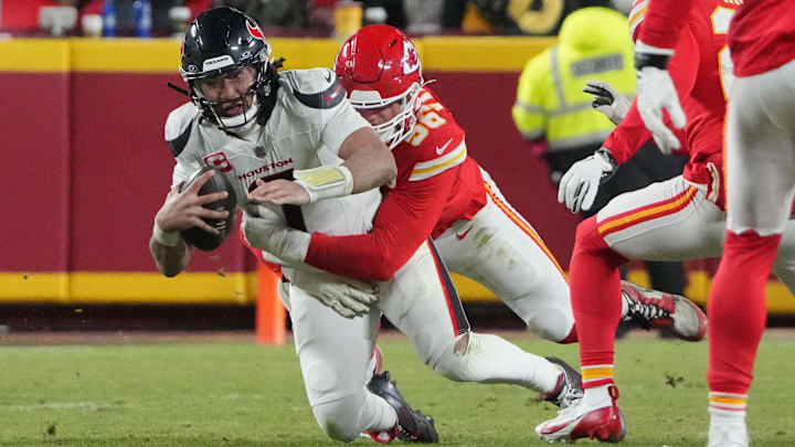 Houston Texans quarterback C.J. Stroud is sacked by Kansas City Chiefs defensive end George Karlaftis Houston Texans quarterback C.J. Stroud is sacked by Kansas City Chiefs defensive end George Karlaftis