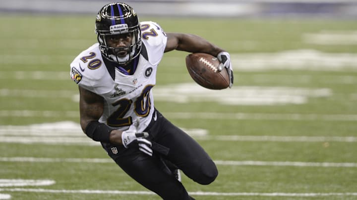 Feb 3, 2013; New Orleans, LA, USA; Baltimore Ravens free safety Ed Reed (20)  turns upfield after his interception in the second quarter in Super Bowl XLVII at the Mercedes-Benz Superdome. Mandatory Credit: Jack Gruber-Imagn Images
