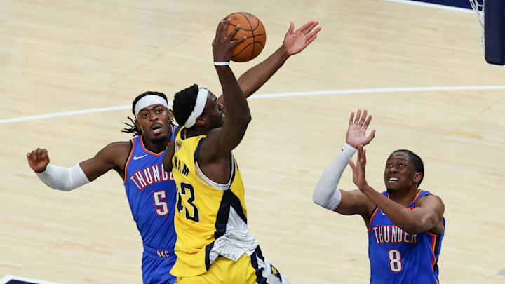 Jun 19, 2025; Indianapolis, Indiana, USA; Indiana Pacers forward Pascal Siakam (43) shoots the ball defended by Oklahoma City Thunder guard Luguentz Dort (5) and Oklahoma City Thunder forward Jalen Williams (8) in the second quarter during game six of the 2025 NBA Finals at Gainbridge Fieldhouse. Mandatory Credit: Trevor Ruszkowski-Imagn Images Jun 19, 2025; Indianapolis, Indiana, USA; Indiana Pacers forward Pascal Siakam (43) shoots the ball defended by Oklahoma City Thunder guard Luguentz Dort (5) and Oklahoma City Thunder forward Jalen Williams (8) in the second quarter during game six of the 2025 NBA Finals at Gainbridge Fieldhouse. Mandatory Credit: Trevor Ruszkowski-Imagn Images