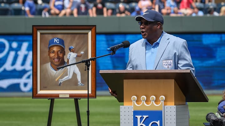 Jun 28, 2023; Kansas City, Missouri, USA;  Bo Jackson speaks during his Royals Hall of Fame induction ceremony prior to the game between the Kansas City Royals and the Cleveland Guardians at Kauffman Stadium.