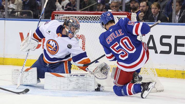 Oct 6, 2026; New York, New York, USA; New York Islanders goaltender Semyon Varlamov (40) makes a save on a shot on goal attempt from New York Rangers left wing Will Cuylle (50) in the first period at Madison Square Garden. Mandatory Credit: Wendell Cruz-Imagn Images Oct 6, 2026; New York, New York, USA; New York Islanders goaltender Semyon Varlamov (40) makes a save on a shot on goal attempt from New York Rangers left wing Will Cuylle (50) in the first period at Madison Square Garden. Mandatory Credit: Wendell Cruz-Imagn Images