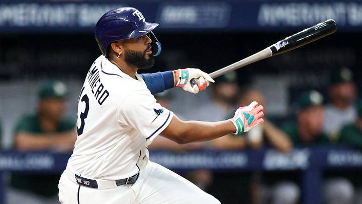 Sep 16, 2026; St. Petersburg, Florida, USA; Tampa Bay Rays third baseman Junior Caminero (13) doubles against the Oakland Athletics in the first inning at Tropicana Field. Mandatory Credit: Nathan Ray Seebeck-Imagn Images Sep 16, 2026; St. Petersburg, Florida, USA; Tampa Bay Rays third baseman Junior Caminero (13) doubles against the Oakland Athletics in the first inning at Tropicana Field. Mandatory Credit: Nathan Ray Seebeck-Imagn Images