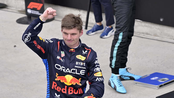 Jun 9, 2024; Montreal, Quebec, CAN;  Red Bull Racing driver Max Verstappen (NED) reacts after winning the Canadian Grand Prix at Circuit Gilles Villeneuve. Mandatory Credit: Eric Bolte-Imagn Images