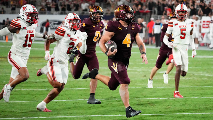Arizona State Sun Devils running back Cam Skattebo (4) breaks away for his second touchdown run against the Utah Utes in the fourth quarter at Mountain America Stadium on Friday, Oct. 11.
