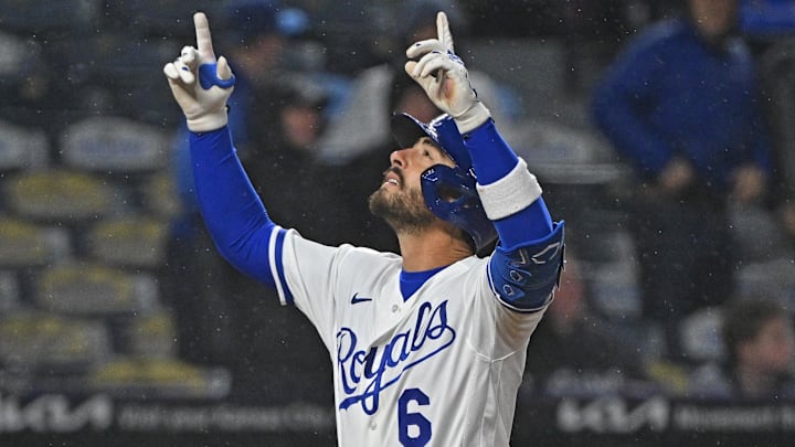Apr 1, 2026; Kansas City, Missouri, USA;  Kansas City Royals second baseman Jonathan India (6) reacts after hitting a grand slam in the sixth inning against the Minnesota Twins at Kauffman Stadium. Mandatory Credit: Peter Aiken-Imagn Images