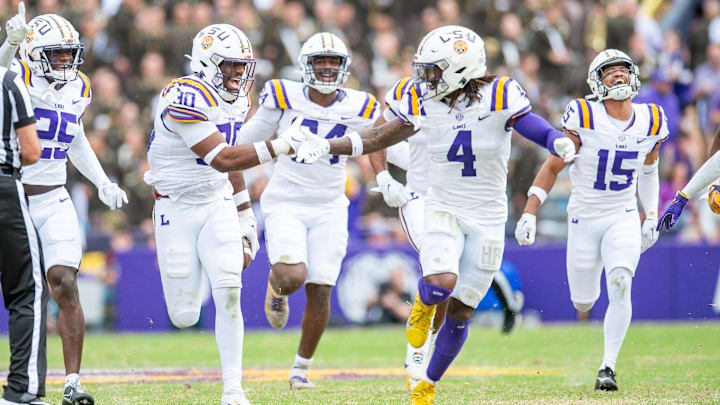 Linebacker Greg Penn III 30 celebrates after an interception as the LSU Tigers take on Texas A&M in Tiger Stadium in Baton Rouge, Louisiana, November 25, 2023.