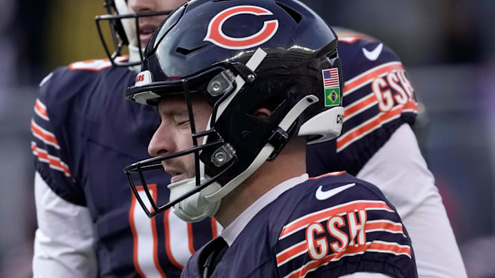 Chicago Bears place kicker Cairo Santos (8) watches his attempt at a field goal fail as time expired during the fourth quarter of their game Sunday, November 17, 2024, at Soldier Field in Chicago, Illinois.