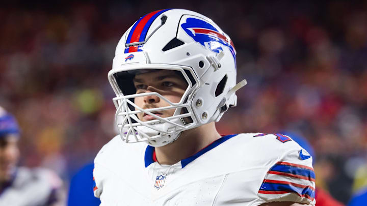Jan 26, 2025; Kansas City, MO, USA; Buffalo Bills offensive tackle Alec Anderson (70) against the Kansas City Chiefs during the AFC Championship game at GEHA Field at Arrowhead Stadium. Mandatory Credit: Mark J. Rebilas-Imagn Images Jan 26, 2025; Kansas City, MO, USA; Buffalo Bills offensive tackle Alec Anderson (70) against the Kansas City Chiefs during the AFC Championship game at GEHA Field at Arrowhead Stadium. Mandatory Credit: Mark J. Rebilas-Imagn Images