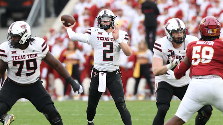 Nov 2, 2024; Ames, Iowa, USA; Texas Tech Red Raiders quarterback Behren Morton (2) throws a pass against the Iowa State Cyclones at Jack Trice Stadium. Mandatory Credit: Reese Strickland-Imagn Images