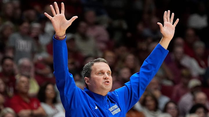 Nov 11, 2024; Tuscaloosa, AL, USA; McNeese head coach Will Wade lifts his hands as he signals to his team during the game with Alabama at Coleman Coliseum. Mandatory Credit: Gary Cosby Jr.-Tuscaloosa News