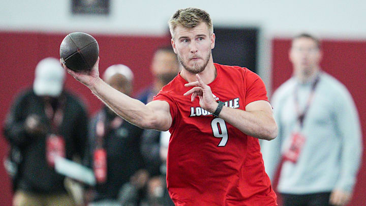 Louisville quarterback Tyler Shough during Pro Day at the UofL Football's Trager Indoor Practice Facility Tuesday, March 25, 2025. Louisville quarterback Tyler Shough during Pro Day at the UofL Football's Trager Indoor Practice Facility Tuesday, March 25, 2025.