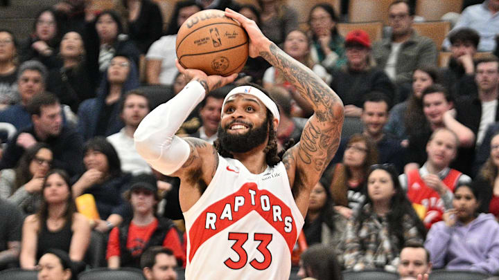 Apr 9, 2024; Toronto, Ontario, CAN;   Toronto Raptors guard Gary Trent Jr. (33) shoots the ball