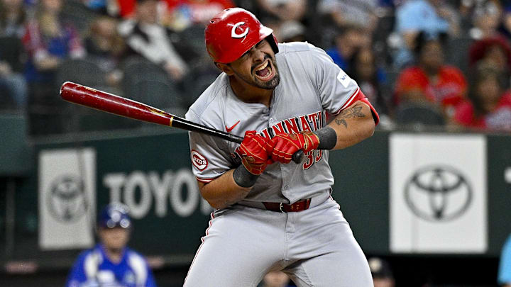 Cincinnati Reds first baseman Christian Encarnacion-Strand (33) reacts to being hit by a pitch